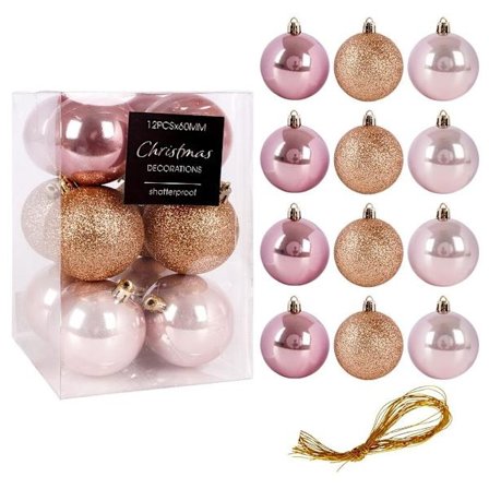 Set med 12 okrossbara rosa julgranskulor - glitter och matt