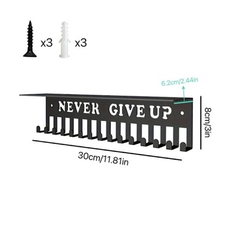 Musta mitaliteline useille mitaleille, kampanjamitaliteline ja nauhanäyttö, seinään asennettava mitalikoukku