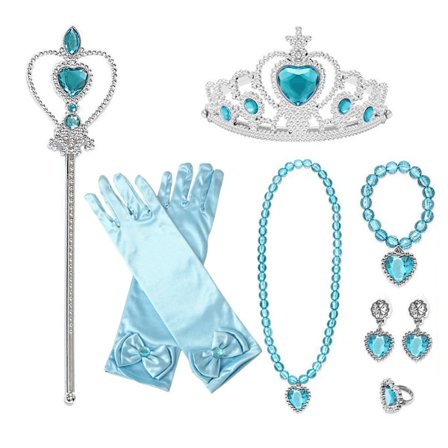 7-pack Prinsessutklädningsaccessoarer Presentförpackning, Vacker Krona, Scepter, Halsband, Handskar, Presenter till Flickor Blå