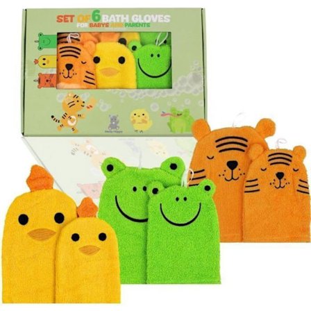 Hello Hippo Sæt af 6 Baby & Børne Vaskeklude - Badehåndklæder 100% Bomuld – Tiger, Frø, Kylling