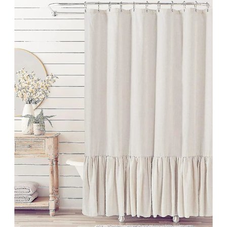 Lantligt duschdraperi med volang, duschdraperi i linneblandning för badrum, natur, 183 cm x 183 cm