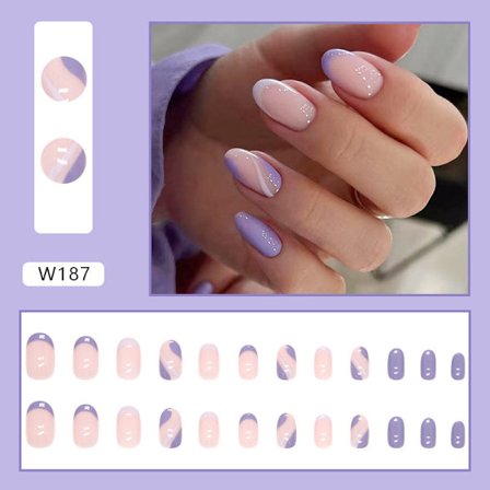 (Lila) 24st Kista False Nails Franska Korta Fake Nails Rosa Gl