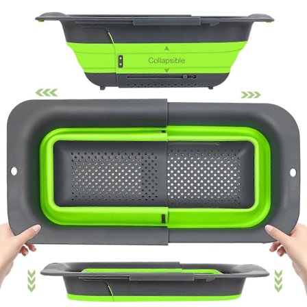 Sammenleggbart dørslag over vasken, uttrekkbare silikonsiler og dørslag, vask grønnsaker og frukt, hell av kokt pasta, grønn