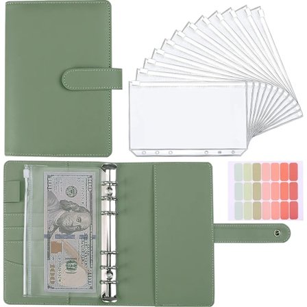 Notesbog Binder, Notesbog Binder med Lynlåslomme, A6 Budget Binder med 12 Binderlommer og 21 Mærkatetiketter (Grøn)