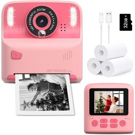 Amzelas Barnkamera Instant Print Foton Jul Födelsedagspresenter HD Digital Videokameror för Småbarn Bärbar med 32 GB-kort