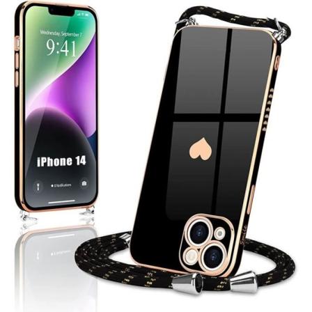 Halskæde Nøglebånd til iPhone 14 Sort blød TPU galvaniseret guld Stødsikkert hjertemønster Svart