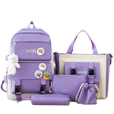5-delt duffelbag ryggsekk student skolesekk - lilla + merke + bjørnanheng