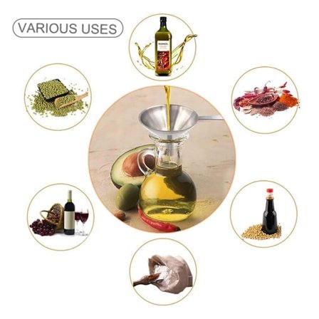 Set med 3 rostfria trattar med handtag och stapelbar fyllning för överföring av flytande pulver