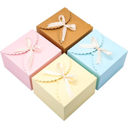 Sæt med 20 tomme firkantede pastelfarvede og bølgede gaveæsker med bånd