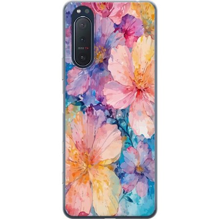 Yhteensopiva Puhelinkuori Sony Sony Xperia 5 II Vesivärimaalaus suurilla kukilla vaaleanpunaisissa, sinisissä ja keltaisissa sävyissä pehmeässä