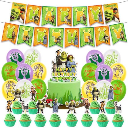 Shrek-tema Barn og Voksen Bursdagsfest Dekor Tilbehør Banner Ballonger Kake Toppere Sett -hg