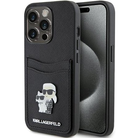 Karl Lagerfeld Saffiano Cardslot Karl&Choupette Metal Pin fodral för iPhone 15 Pro - svart