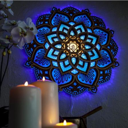 Mandala atmosfär lampa trä tredimensionell med ljus