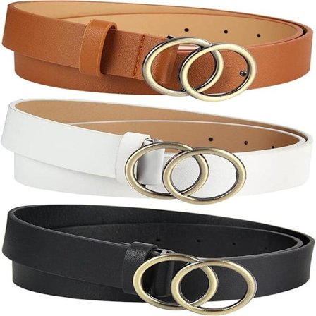 3-pack dam bälten, mode dubbel O-ring spänne bälte, dam läderbälte, vintage och modernt för jeans, byxor, klänningar