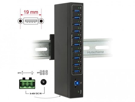 Delock External Industry Hub 10 x USB 3.0 Type-A with 20 kV ESD protection - hub - 10 porter