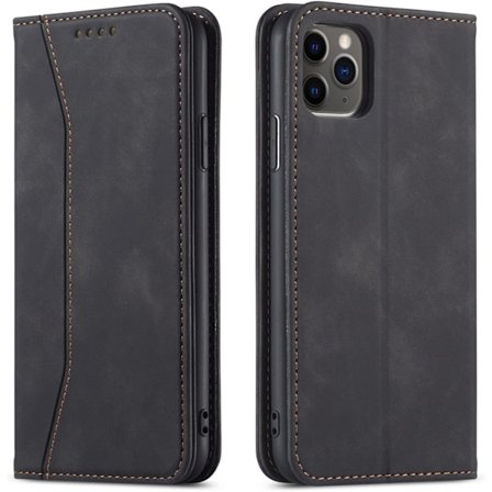 Til iPhone 11 -16 Magnetisk Læder Telefon Cover, Premium Læder Flip Cover Foldbar Kort Slot Stødsikker Stand Funktion (Sort)