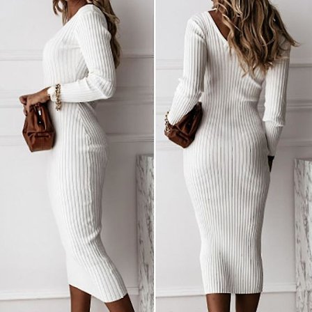 Dam Ribbstickad V-ringad Långärmad Bodycon Tröja Stretch Slim Fit Midiklänning