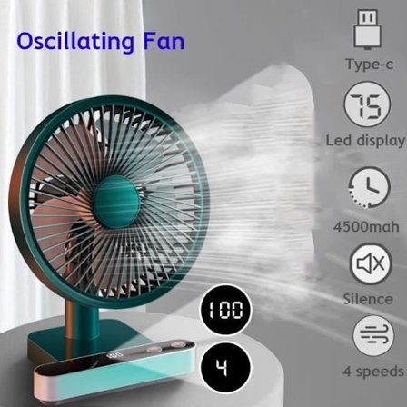 Hiljainen Oskilloiva Tuuletin - Kannettava USB Pöytätuuletin 4000mAh Akulla, 4 Nopeutta 180° Oskillaatio Vihreä