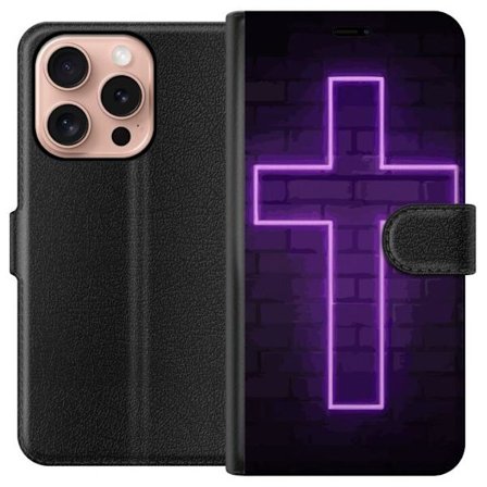 Yhteensopiva Lompakkokotelo Apple Apple iPhone 16 Pro Neonristi purppuranvalossa tummaa tiiliseinää vasten, symbolinen motiivi vahvalla hohto modern