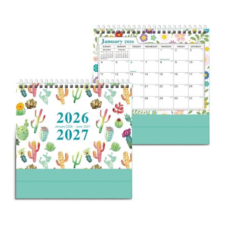 Bordskalender 2026-2027 Kaktusmönster Januari 2026 Juni 2027 Stående Kalender med Tjockt Papper För Kontor och Skola Bordskalender Blommor 21 18 1