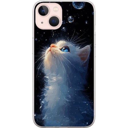Kompatibel Mobilcover til Apple iPhone 13 Starry Cat Dream motiv med hvid kat, der stirrer mod den stjernede himmel, magisk drømmende og natligt tema