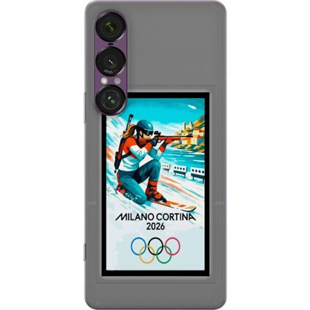 Yhteensopiva Puhelinkuori Sony Xperia 1 VII Retrojuliste Cortina Milano 2026 vuorilla, talviurheilijoilla, italiankoloreilla, Milanon tuomiokirkolla j