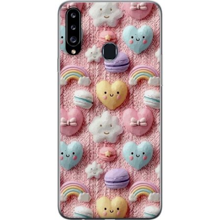 Kompatibelt Mobildeksel til Samsung Galaxy A20s Pastellmotiv med hjerter, skyer, regnbuer og makroner mot rosa bakgrunn i en søt drømmende stil.