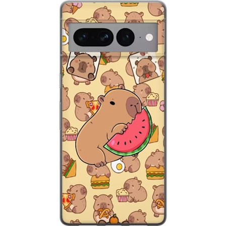 Kompatibelt Mobilskal till Google Google Pixel 7 Pro Söt capybaror njuter av vattenmelon pizza och popcorn i en varm och lekfull design som sprider g