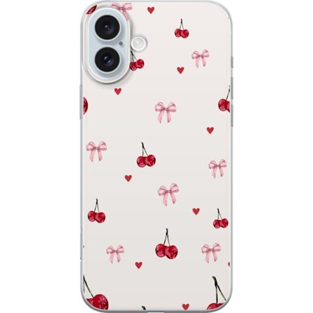 Yhteensopiva Puhelinkuori Apple Apple iPhone 16 Plus Kirsikkakuvioiset rusettit ja sydämet suloisessa ja leikkisässä kuosissa vaaleanpunaisina ja p