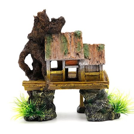 Akvariedekoration - Med växter - Trästuga - 15 x 9 x 18 cm