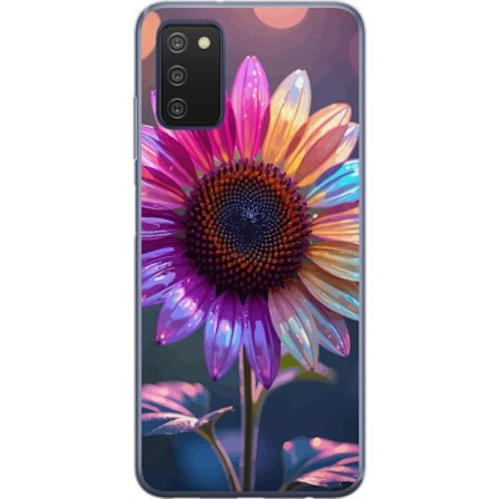 Kompatibelt Mobildeksel til Samsung Galaxy A03s Irideserende blomst med glitrende kronblad i rosa lilla og gull mot myk bokeh bakgrunn