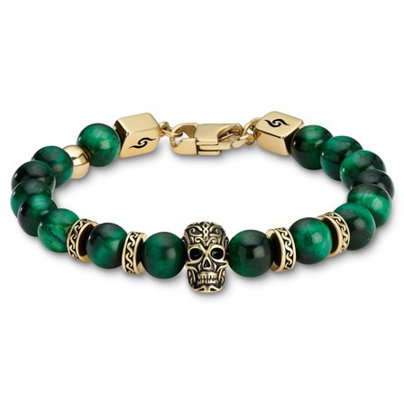 Rico | Pulsera de calavera de acero inoxidable dorado y ojo de tigre verde para hombres - Pulseras de acero