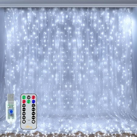 Inomhus julgardinlampor - Kallt vitt 300 LED 3m x 3m USB-drivna julgransljus 8 lägen/timer/fjärrkontroll för utomhus/sovrum/par