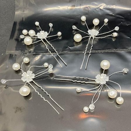 4 st Hårnålar Hårsmycken Hårdekoration till Bröllop & Fest - Vit Blomma & Pärlor