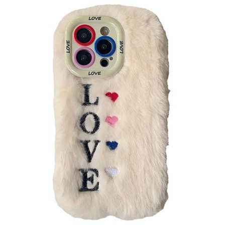 KJS-002 iPhone 15 Pro Max Case Lens Kickstand Embroidered LOVE Fluffy Flexible Phone Cover - White