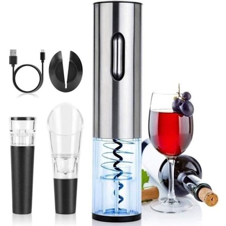 (Sølv) MTEVOTX Elektrisk Proptrækker, Genopladelig Elektrisk Flaskeåbner, til Vin og Champagne, Gave til Mænd og Vinelskere