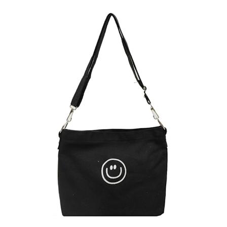 Uusi hymiökuvioinen kangasolkalaukku, yksinkertainen, tyylikäs, hyvä tekstuuri, crossbody-laukku, pieni neliölaukku, ostoslaukku Black Smiling Face