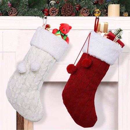 2pcs Knit Christmas Stockings, 18 Inch Large Rustic Cable Knit Christmas Stockings With Pom Pom For Christmas Decorations (cream And Burgundy)