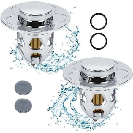 (Sølv) Sæt med 2 pop-up vaske propper til håndvaske og badekar, med anti-tilstopnings si/filter, til køkkener (34 til 40 mm)