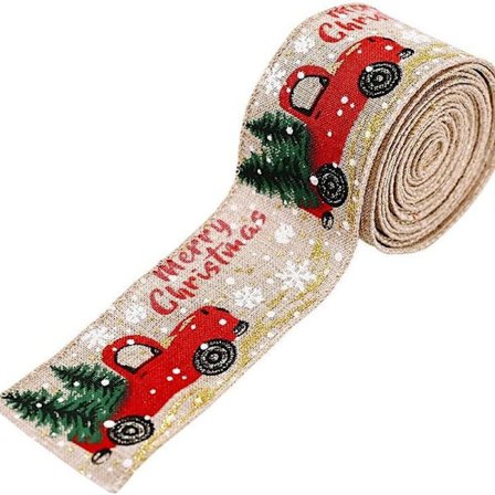 ruller af julebånd med metal kant med "Glædelig jul træ og lastbil" til krager