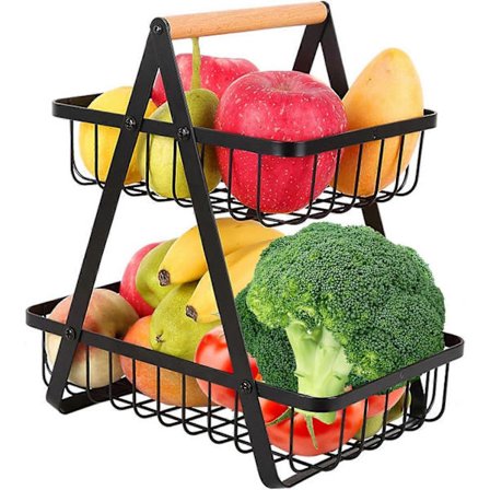 2-lags Køkkenfrugtskål, Rustfri Køkkenfrugtskål, Frugt- og Grøntsagskurv, Frugtskål med Træhåndtag, til Opbevaring