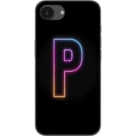 Kompatibel Mobilcover til Apple Apple iPhone 16e Minimalistisk neonbogstav P i farvegradient og lyseffekt mod sort baggrund i digital neonstil