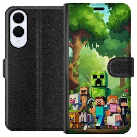 Kompatibelt Lommeboketui til Samsung Galaxy S25 Edge Blokkete pikselerte spillverden med grønne figurer og dyr i frodig skogsmiljø