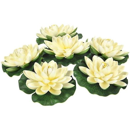 6 stk. kunstige flydende skumlotusblomster med åkandeblade