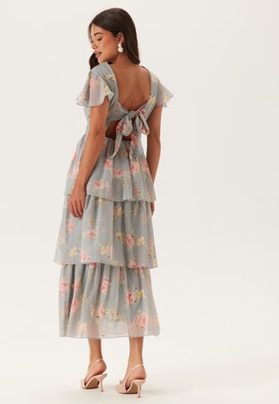 Bubbleroom Occasion - Butterfly Sleeve Flounce Dress - Dusty green/Floral - Kläder