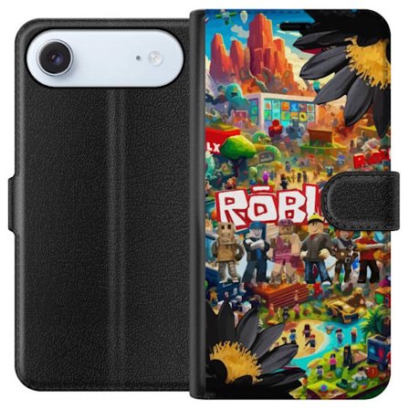 Apple iPhone 17 Air Lompakkokotelo Roblox-maailma täynnä hahmoja, rakennuksia ja seikkailuja rohkeissa väreissä, jossa hahmot poseeraavat logon ed