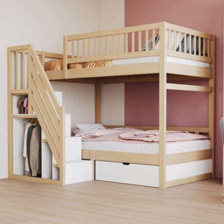 Våningssäng i massivt trä 90*200 cm, med högt säkerhetsräcke, ribbotten, säkerhetsstege med förvaringsutrymme, original träfärg