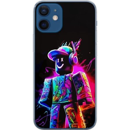 Kompatibel Mobilcover til Apple Apple iPhone 12 Farverig Roblox-spiller i neonfarver mod sort baggrund i moderne gamingstil
