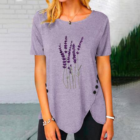 Print T-shirt För Kvinnor Med Blad Tryckt T-shirt