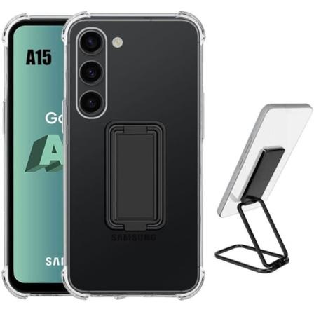 Etui til Samsung Galaxy A15 4G-5G - Gennemsigtig silikone stødsikker forstærkede hjørner med foldbart sort stativ